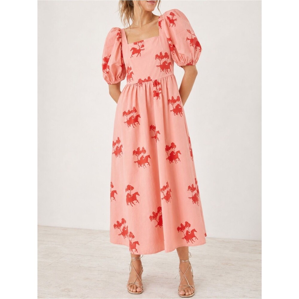 Never Fully Dressed Forest Print Midi Dress US 2 Pink Red Puff Sleeve Horses
